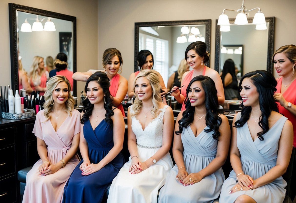 A group of bridesmaids sitting in a salon, getting their hair and makeup done for the wedding, with hairstylists and makeup artists working on them