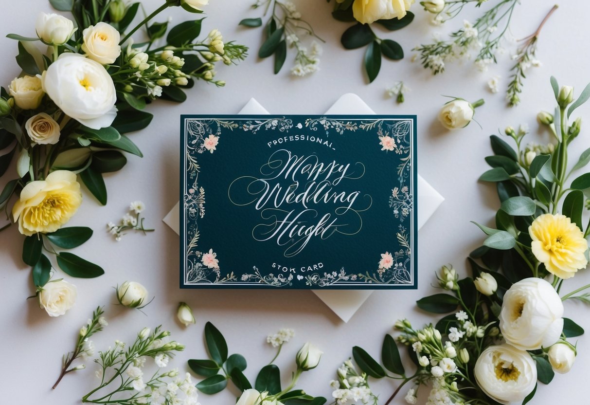 A beautifully decorated gift card with a wedding theme, surrounded by delicate floral arrangements and elegant calligraphy