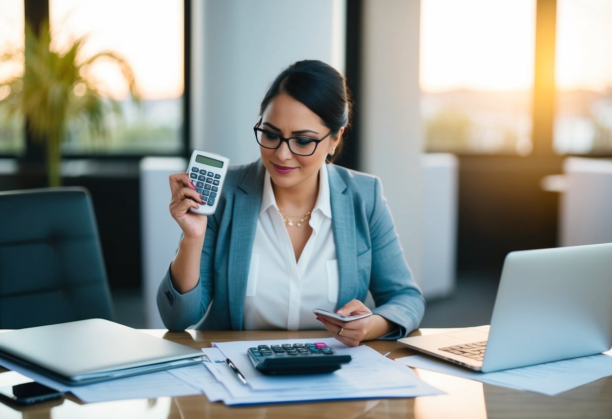 A wedding coordinator sitting at a desk surrounded by paperwork, a laptop, and a phone, with a calculator in hand, pondering pricing options
