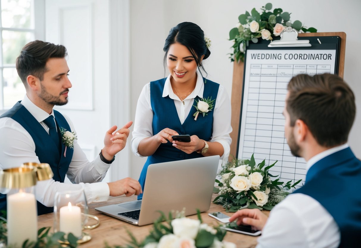 A wedding coordinator in the UK, surrounded by wedding decor and a checklist, with a laptop and phone, discussing pricing with a couple