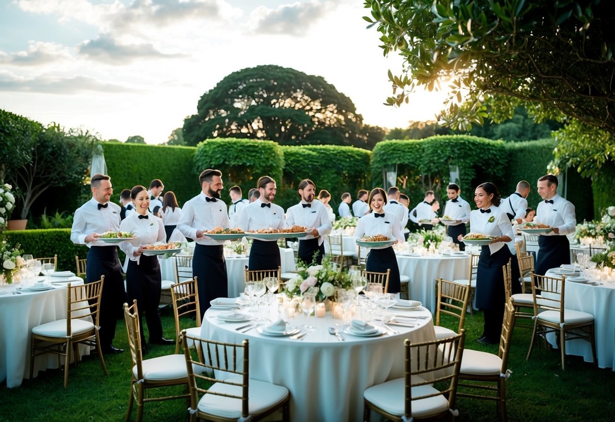 A wedding banquet set in a lush garden with elegant tables, chairs, and floral centerpieces. A team of caterers in crisp uniforms serve gourmet dishes to a joyous crowd