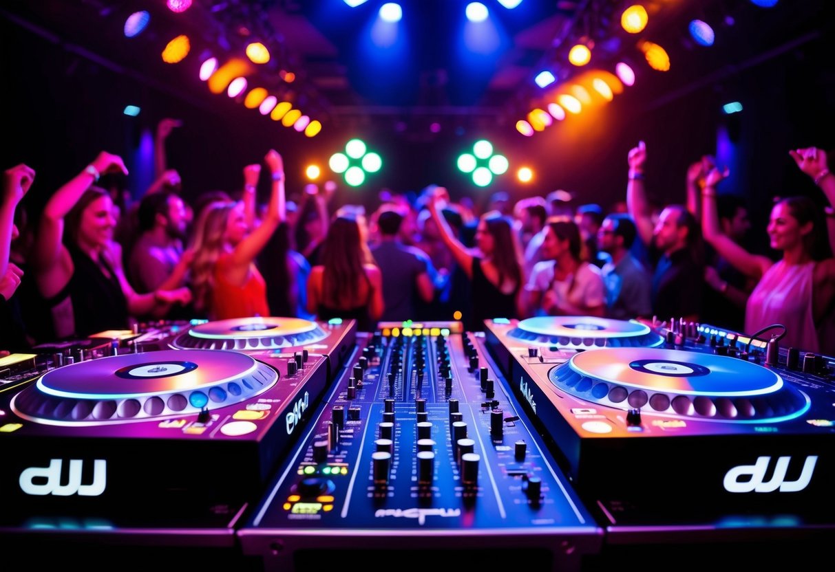 A DJ booth with turntables, mixers, and colorful lights, surrounded by dancing crowd