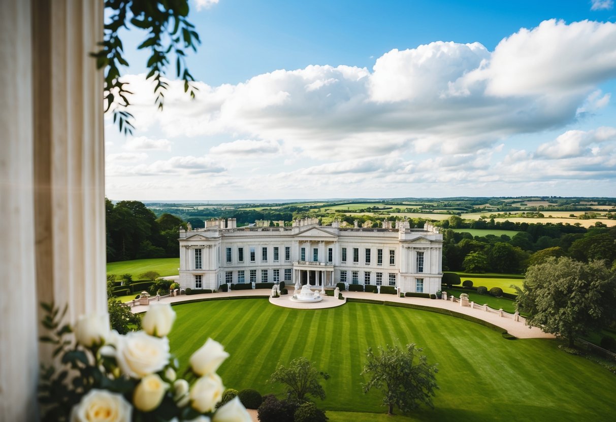 A grand wedding venue in the UK with elegant decor and a scenic location overlooking a picturesque landscape
