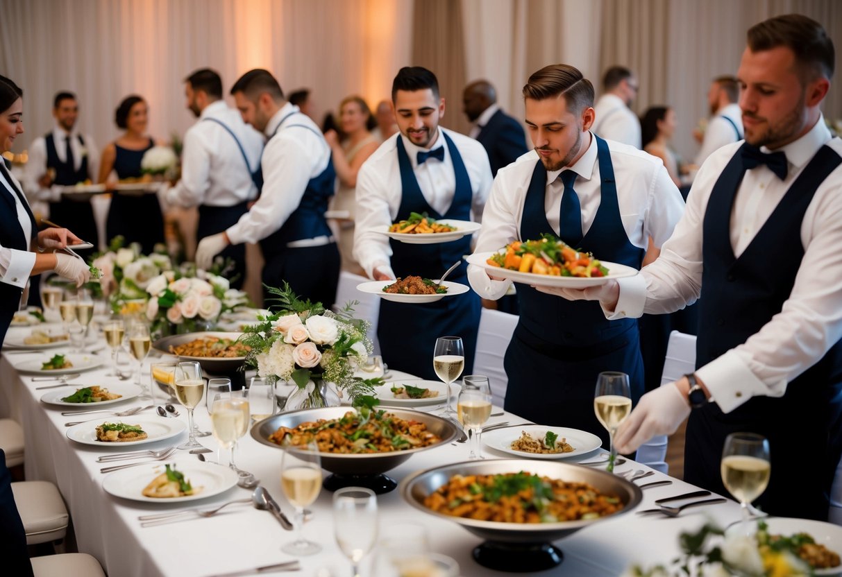 A bustling wedding reception with tables adorned with elegant place settings and a variety of mouthwatering dishes being served by professional caterers