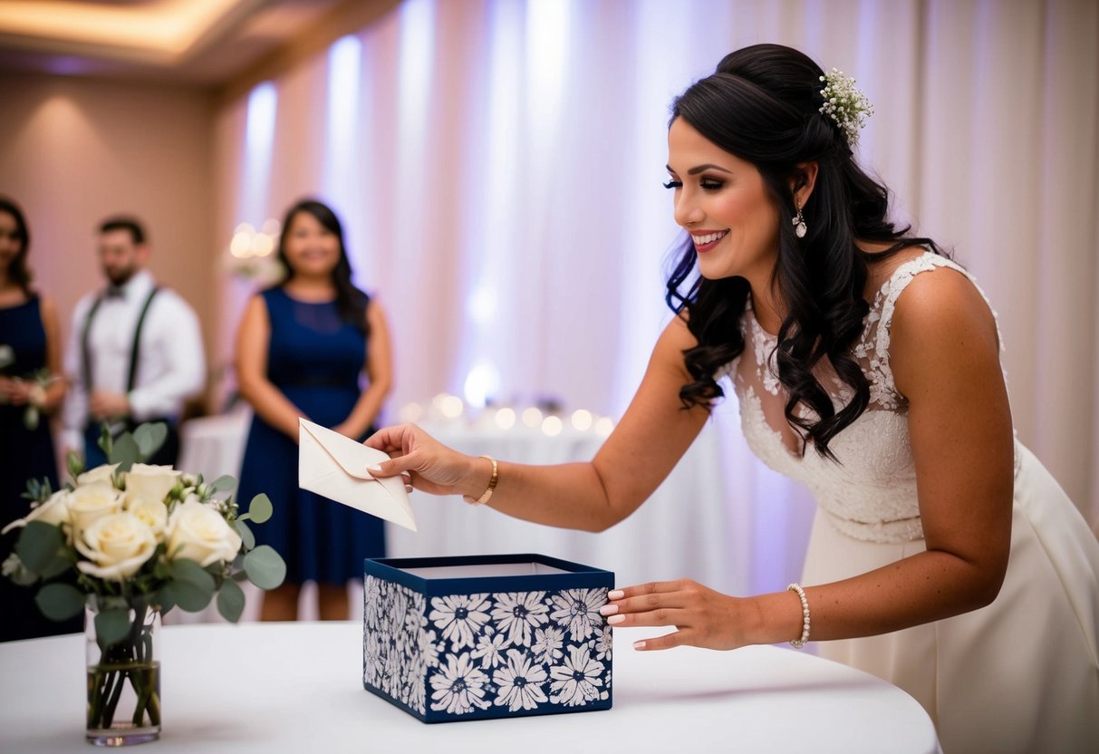 A bridesmaid placing an envelope into a decorative box at a wedding reception