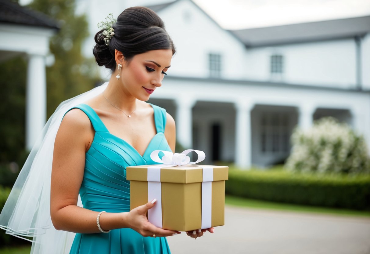 A bridesmaid holding a gift box, standing in front of a wedding venue. She is pondering the appropriate amount to give as a wedding gift