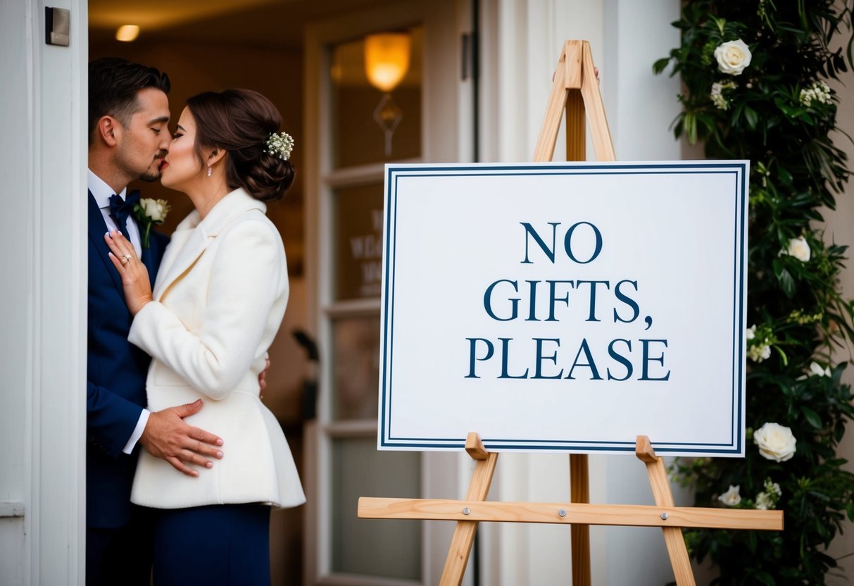 A couple politely declining wedding gifts, with a simple "no gifts, please" sign displayed at the entrance of their wedding venue