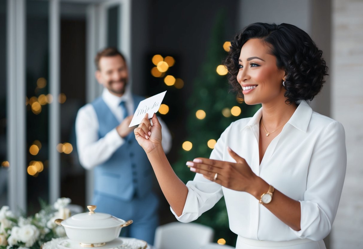A person kindly declining a wedding registry offer with a smile and a gesture of gratitude