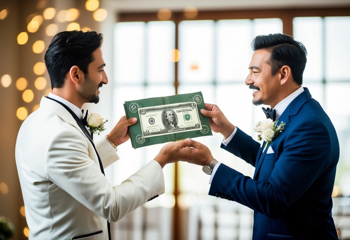A father handing over a large sum of money in an ornate envelope to his son, who is dressed in formal wedding attire