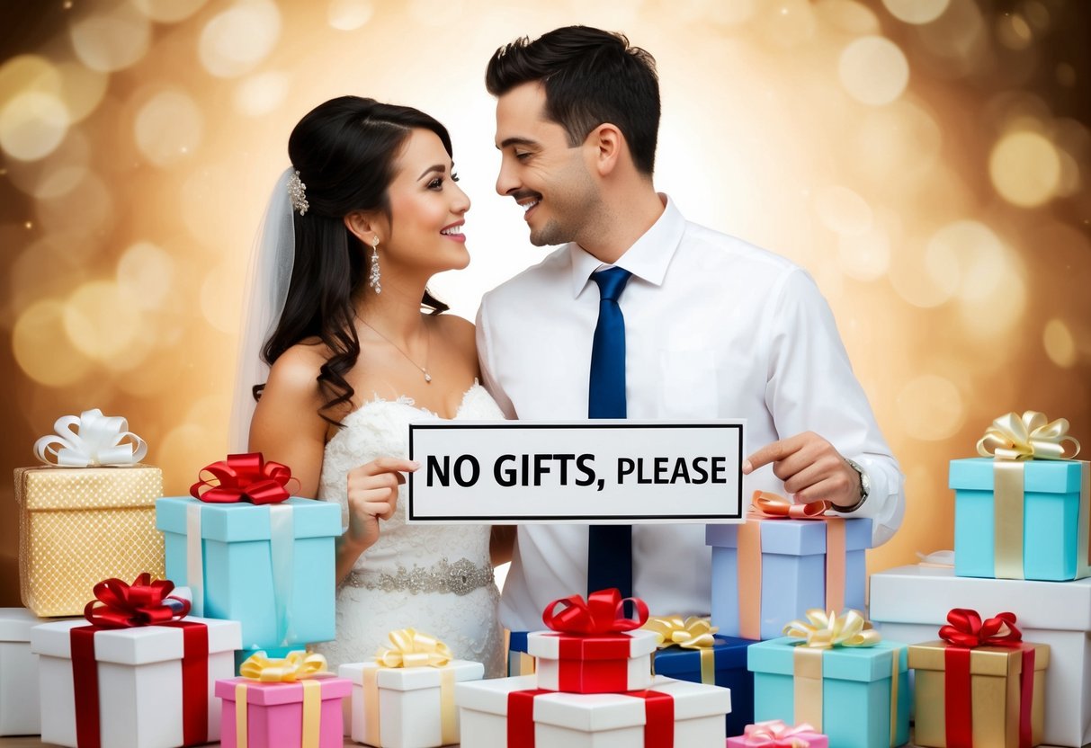 A couple surrounded by wedding gifts, pointing to a "no gifts, please" sign on their wedding website