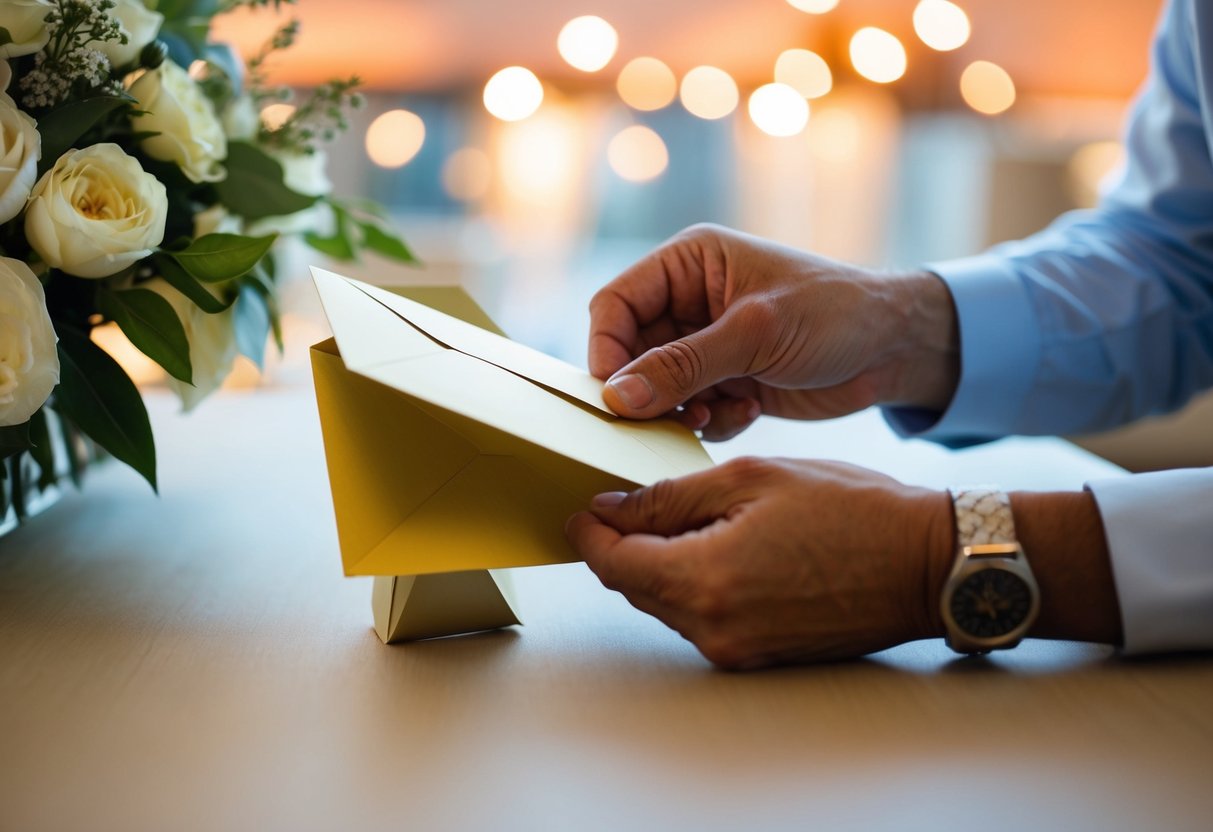 A parent placing a gift envelope into a wedding card
