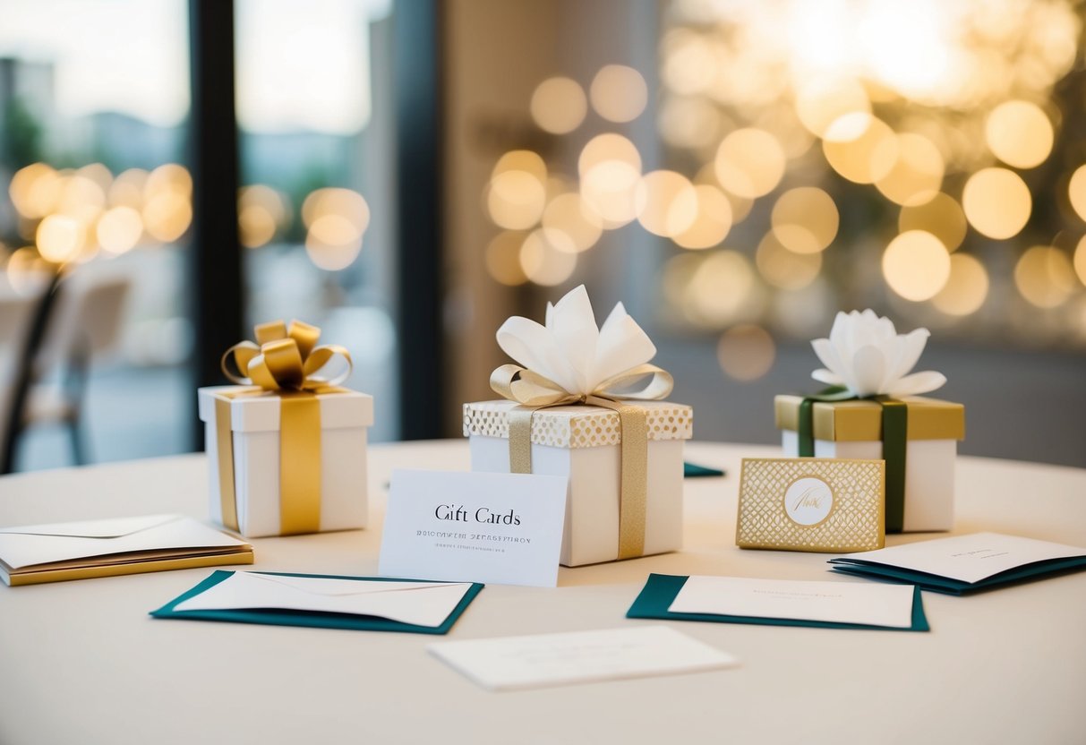 A table with various gift options for a wedding, including envelopes, gift cards, and decorative boxes
