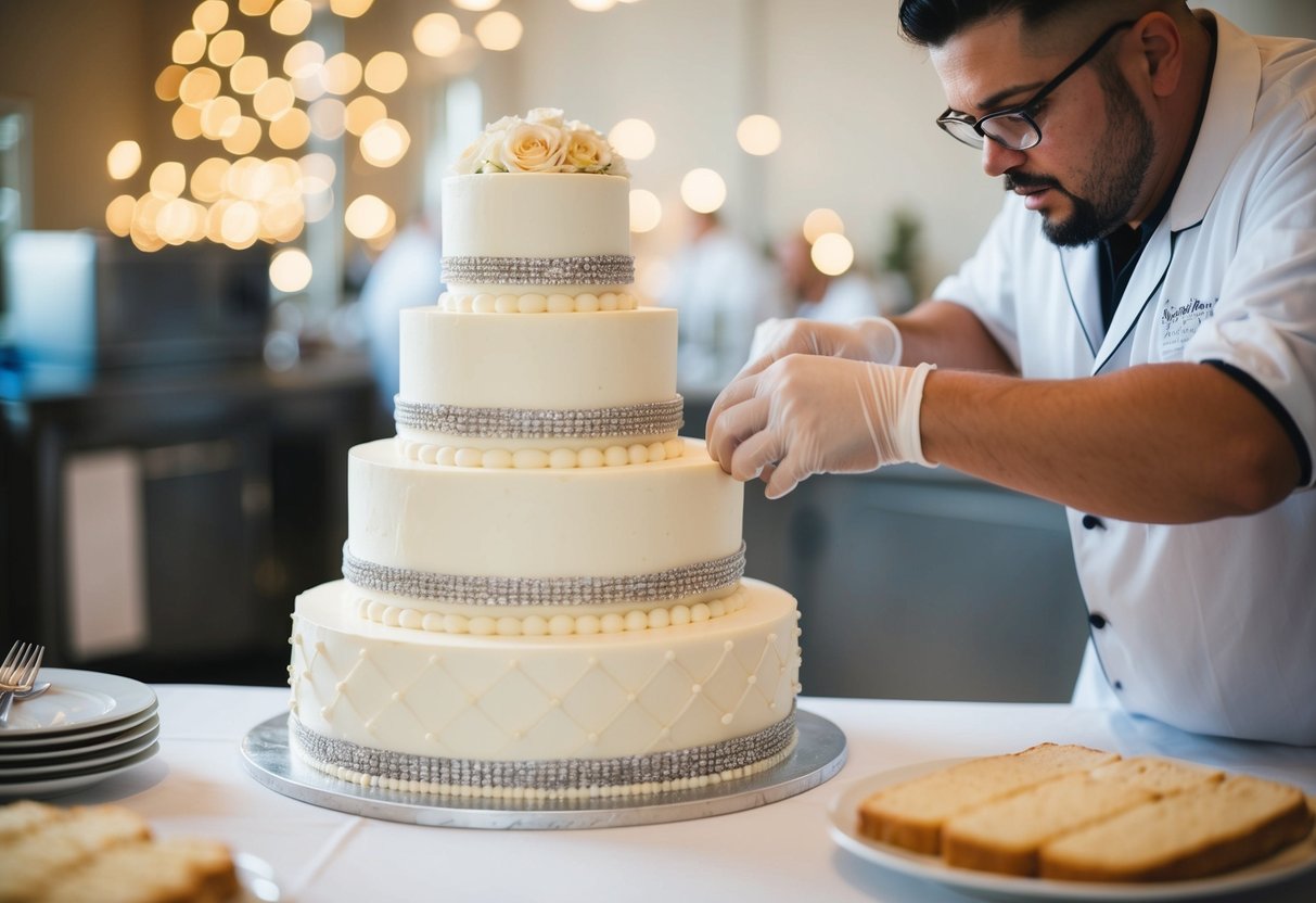 A baker carefully stacks three layers of a wedding cake, adding delicate decorations and intricate details