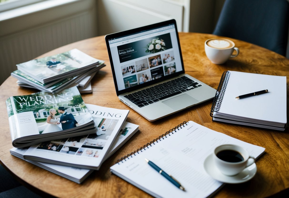A table covered in wedding magazines, a notebook, and a pen. A laptop open to a wedding planning website, with a cup of coffee nearby