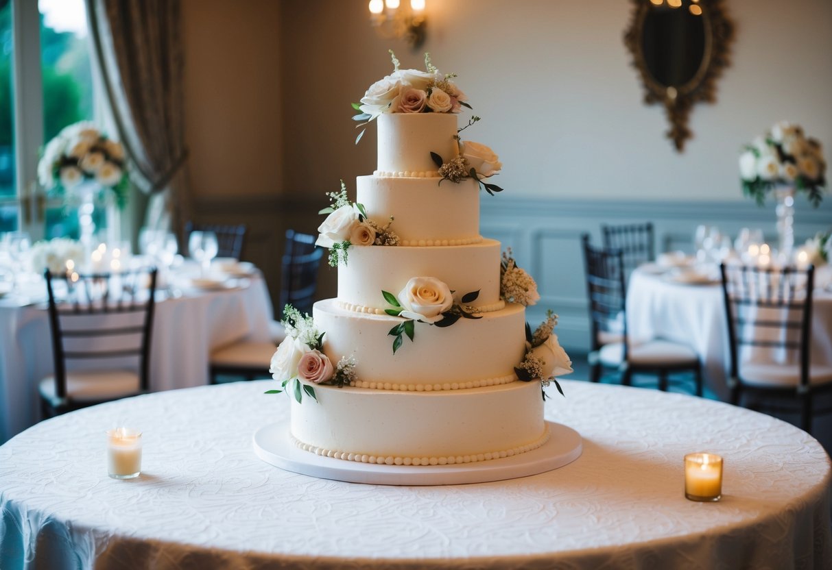 A three-tier wedding cake sits on a decorated table, adorned with intricate floral designs and delicate icing details
