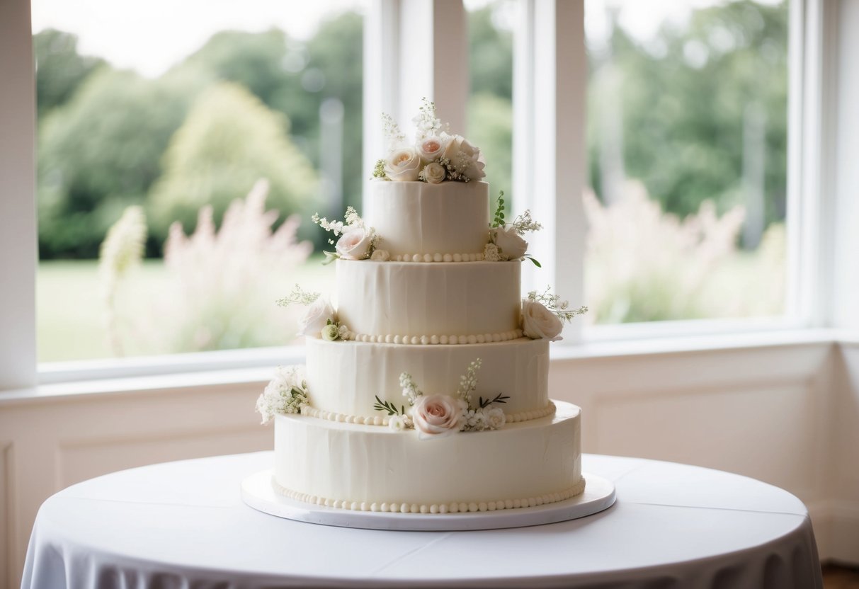 A three-tiered wedding cake displayed on a pristine white table, adorned with delicate floral decorations and intricate icing details