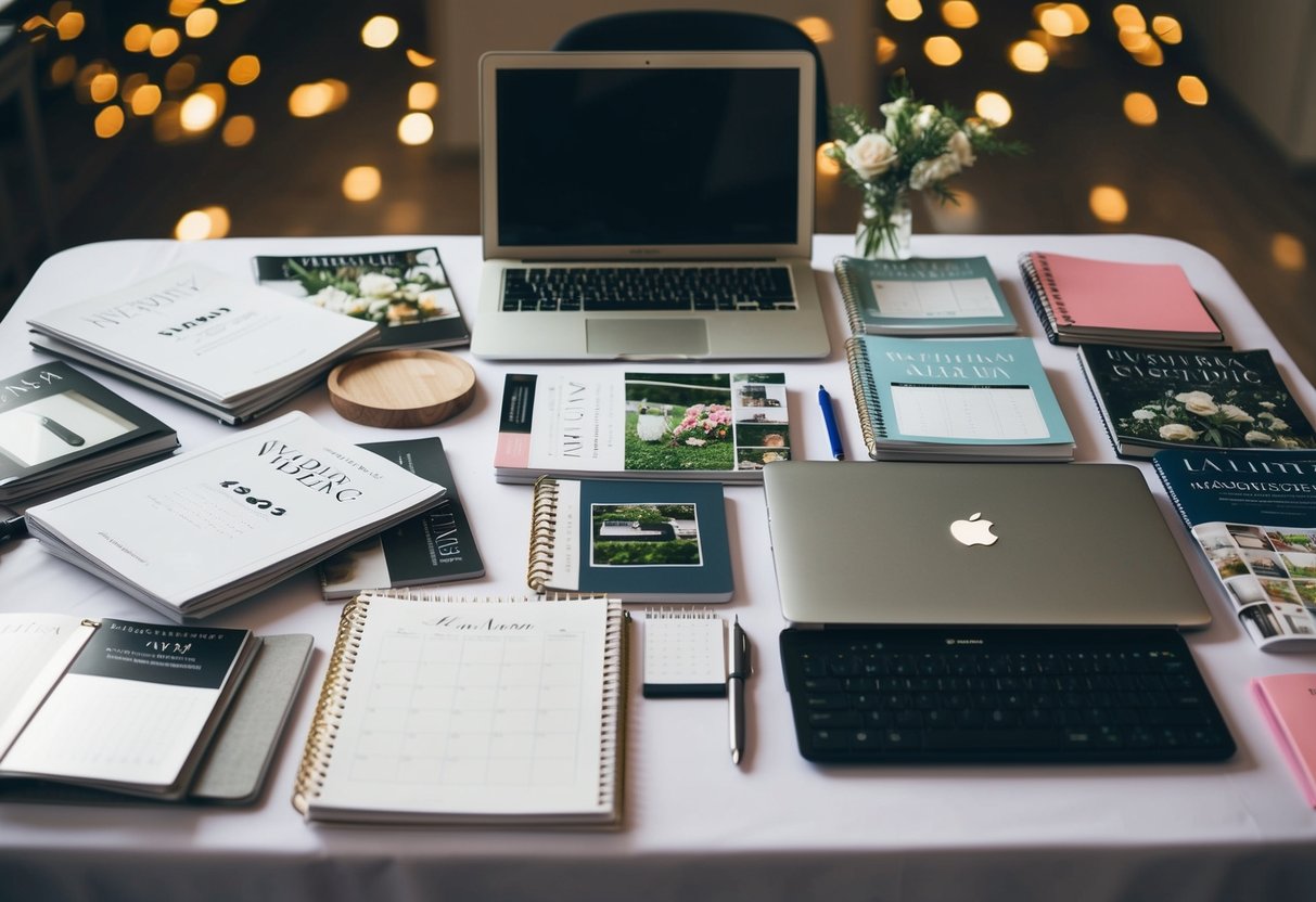 A table covered in wedding magazines, notebooks, and a laptop, with a calendar and pen nearby for planning