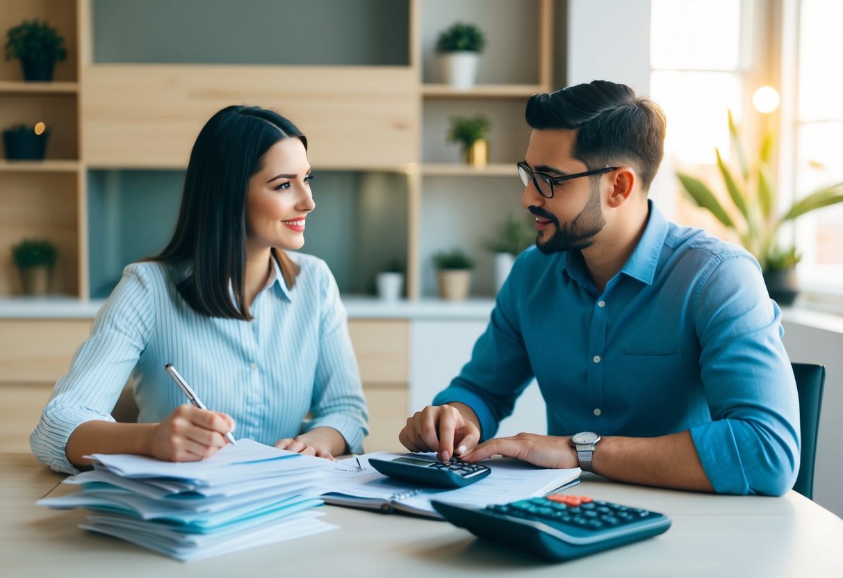 A couple sits at a table with a stack of bills, a calculator, and a notebook. They are discussing and planning their monthly budget together