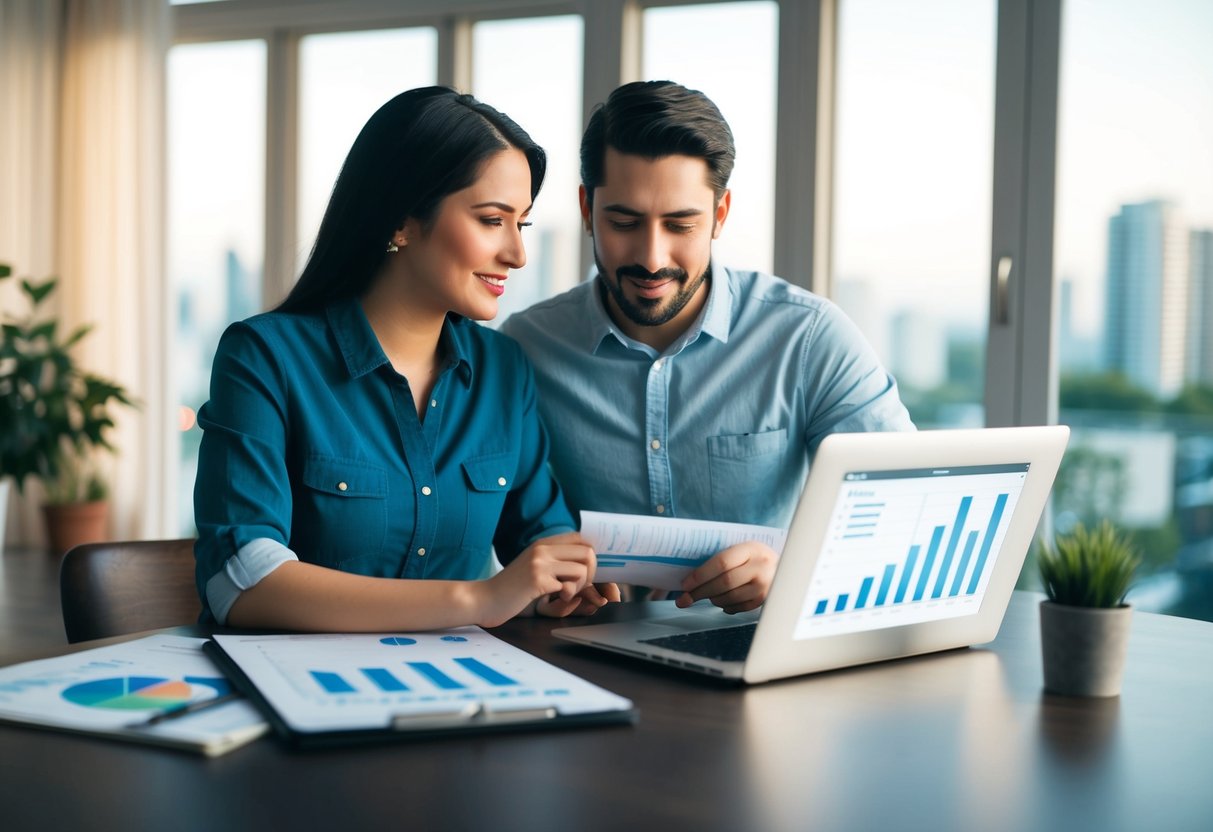 A couple sits at a table with a laptop and spreadsheets, discussing and planning their combined finances. Graphs and charts are visible on the screen