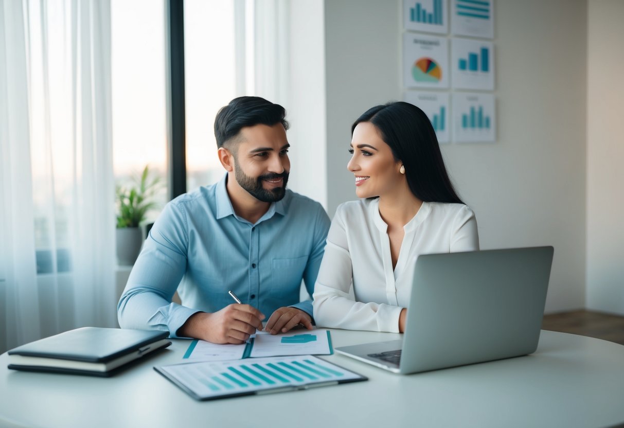 A couple sits at a table with a laptop and spreadsheets, discussing and planning their short and long-term financial goals, setting up a budget together