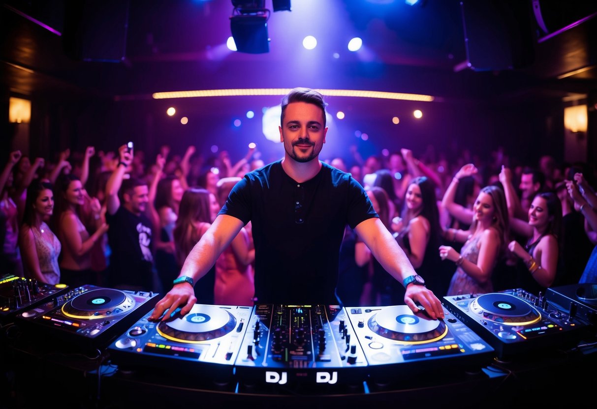 A DJ standing behind a booth with turntables and a mixer, surrounded by a dancing crowd in a dimly lit club