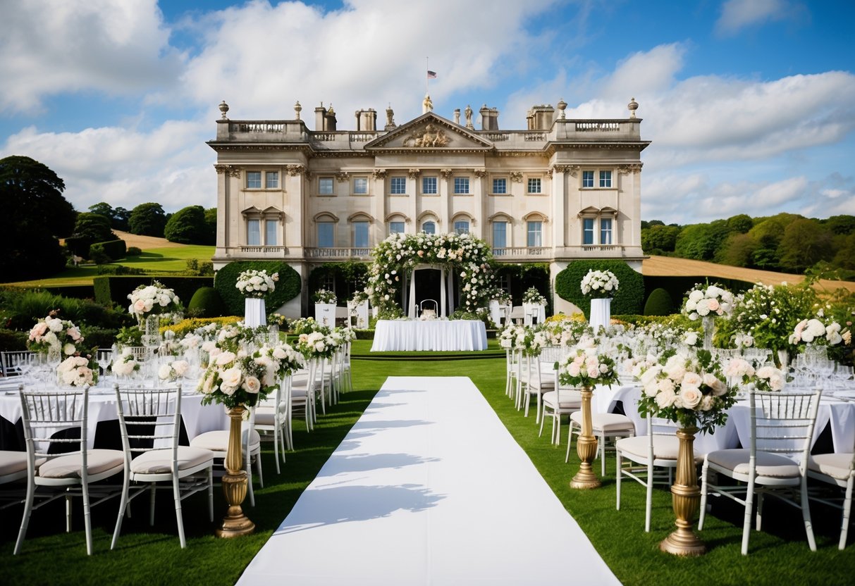 A grand, ornate wedding venue in the UK with elegant decor and floral arrangements, surrounded by lush green gardens and a picturesque countryside backdrop