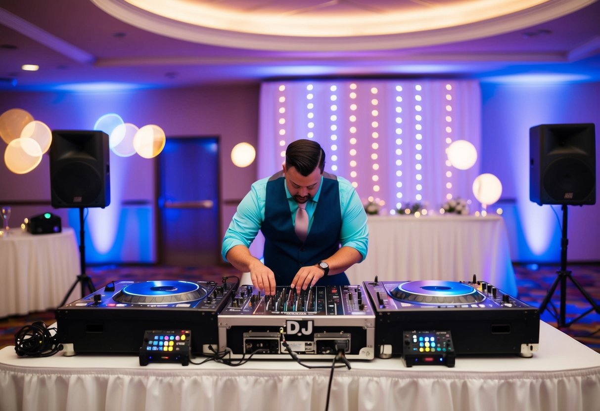A wedding DJ setting up equipment in a reception hall, surrounded by colorful lights and sound equipment