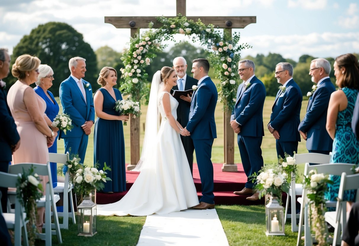 A couple stands at the altar, surrounded by close family and friends. Outside the venue, distant figures look in, excluded from the celebration