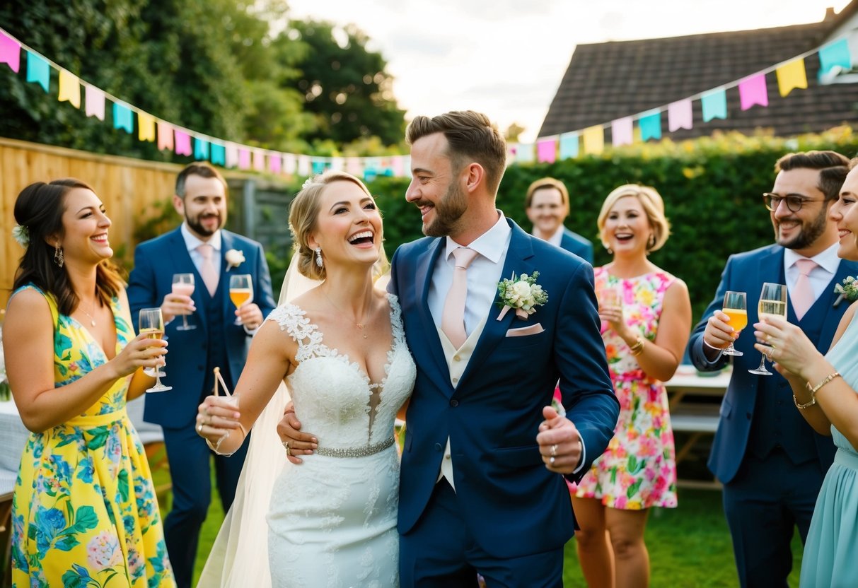 A couple celebrating their wedding with close friends in a cozy backyard setting, with colorful decorations and a joyful atmosphere