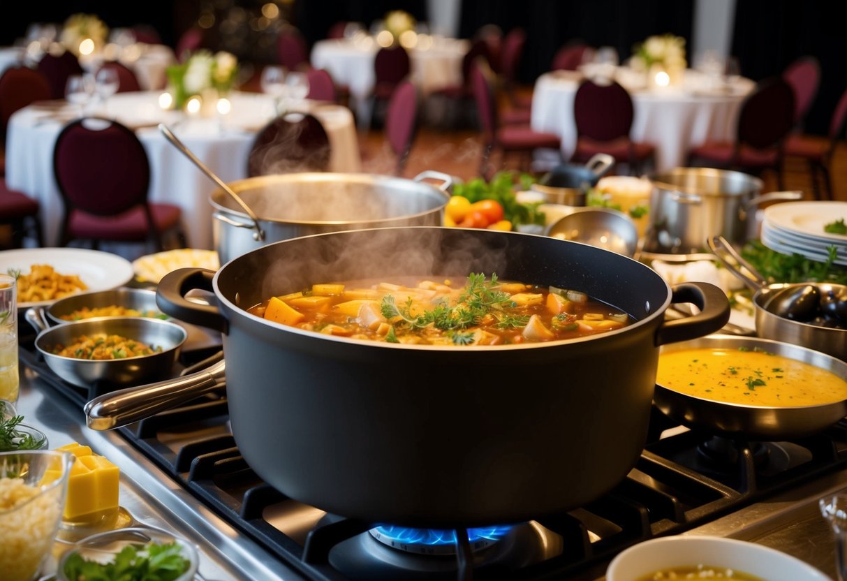 A large pot simmering on a stove, surrounded by various ingredients and cooking utensils. Tables and chairs set up for a banquet in the background