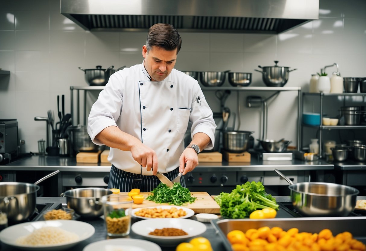 A chef prepares large quantities of food in a professional kitchen, surrounded by industrial cooking equipment and ingredients