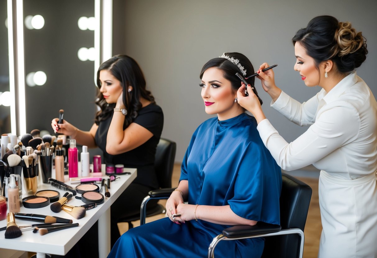 A bride sitting in a chair while a makeup artist applies makeup and a hairstylist works on her hair. Various makeup products and hair tools are spread out on a table nearby