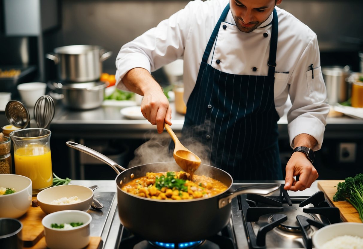 A chef preparing a large pot of food over a commercial stove, surrounded by various cooking utensils and ingredients