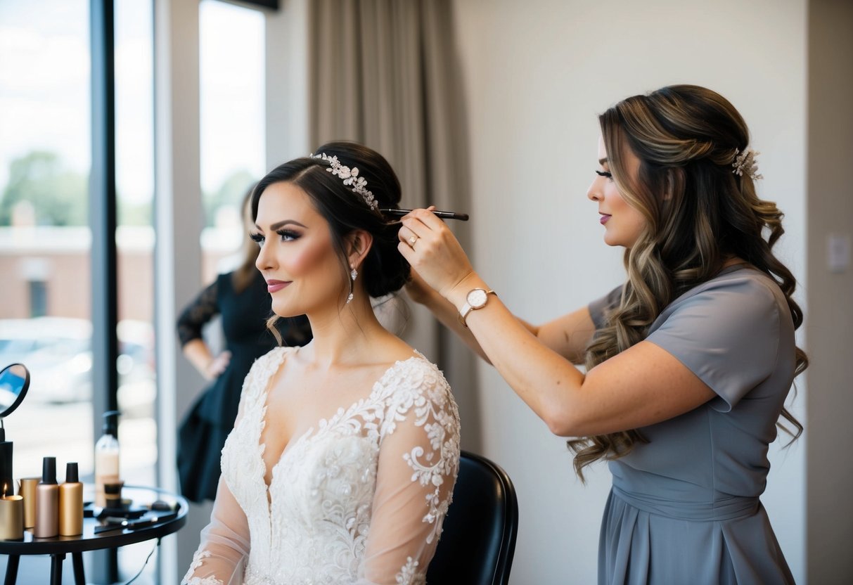 A bride sitting in a chair while a makeup artist applies makeup and a hairstylist works on her hair for a wedding