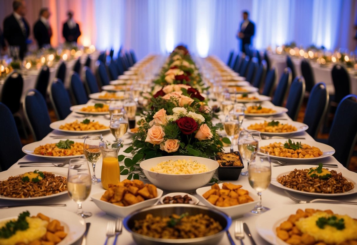A large banquet table with various food and drink items for 100 guests