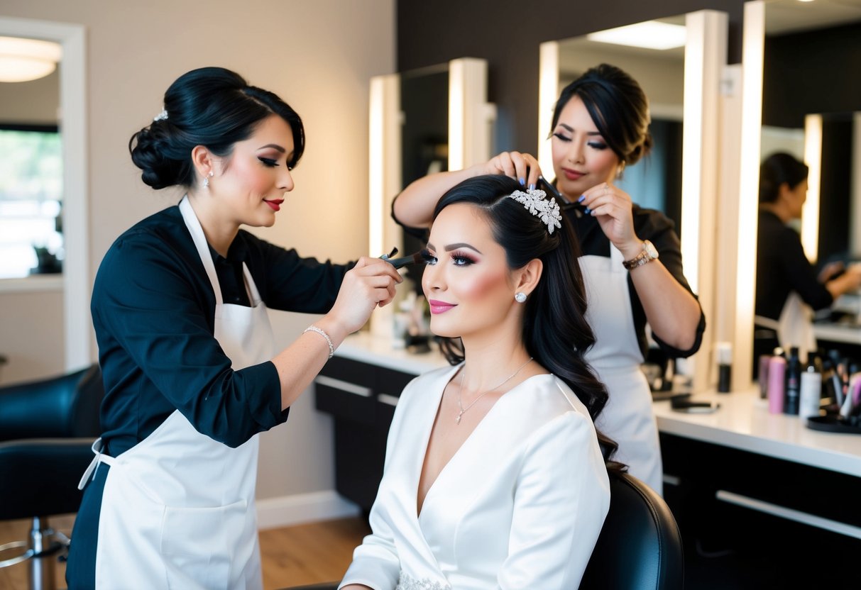 A bride sits in a chair as a makeup artist applies cosmetics, while a hairstylist works on her hair in a stylish salon
