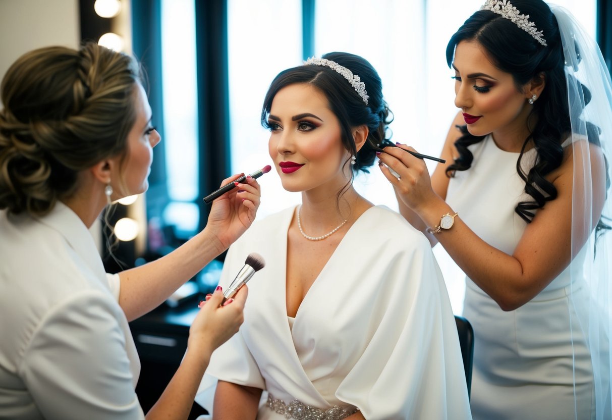 A bride sits in a chair as a makeup artist applies lipstick. A hairstylist stands nearby, arranging curls and adding a veil