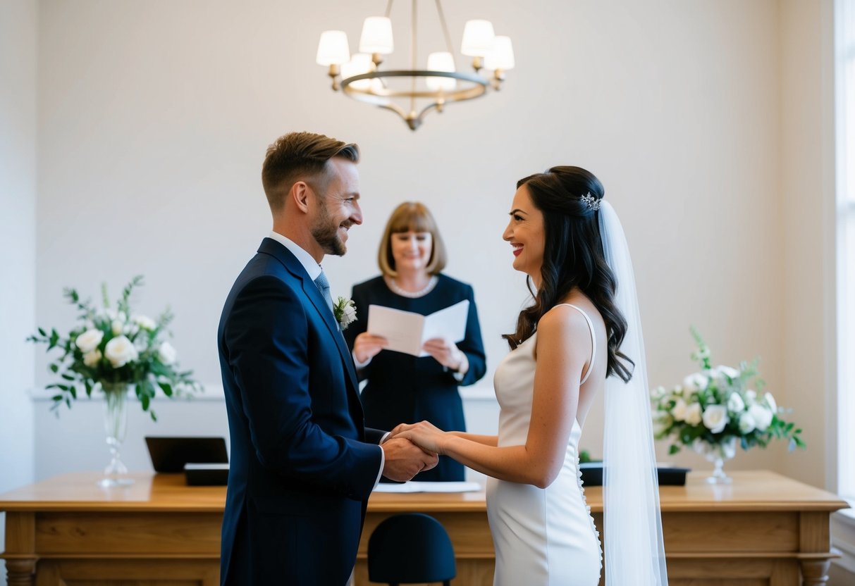 A couple exchanging vows in a simple, elegant registry office with a registrar officiating