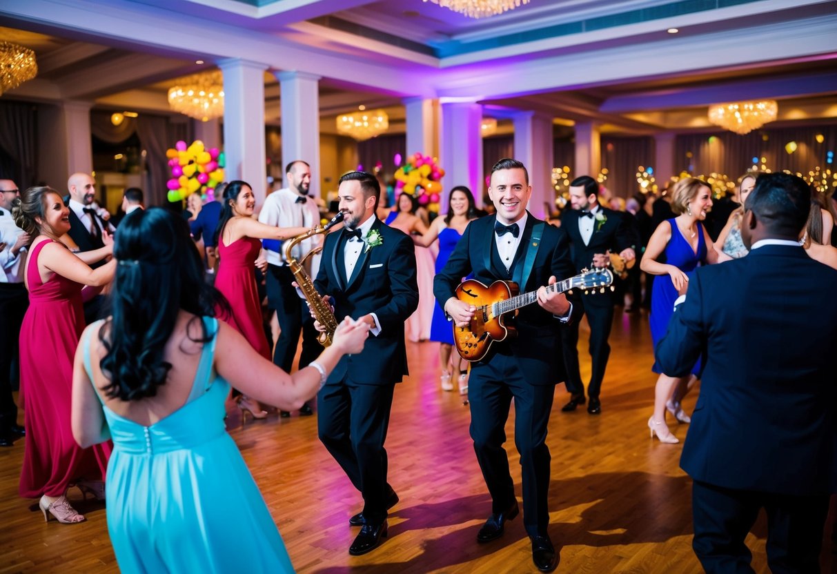 A lively band performs at a wedding reception, surrounded by dancing guests and colorful decorations in a beautiful venue