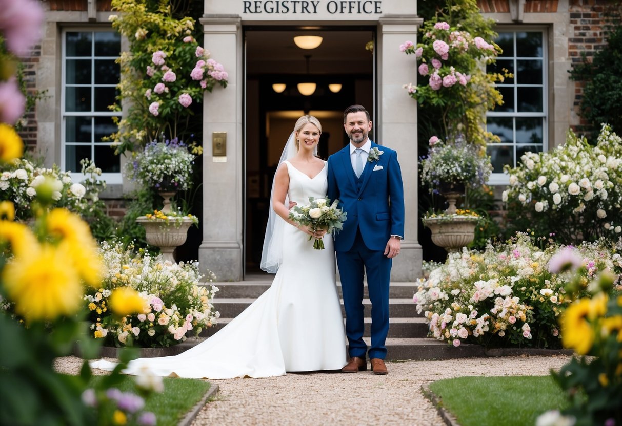 A couple standing at the entrance of a registry office, surrounded by blooming flowers and a picturesque garden