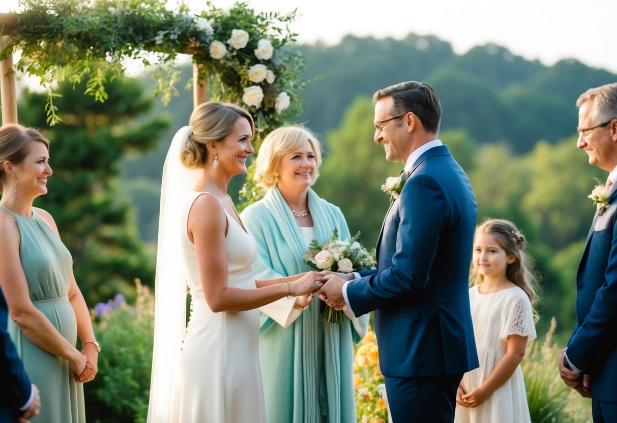 A cozy outdoor ceremony with a few close family and friends, surrounded by nature and soft lighting