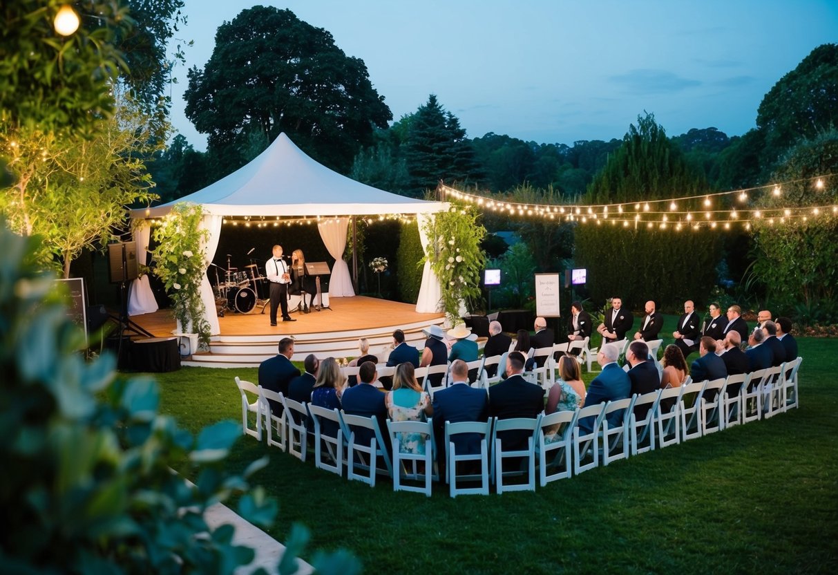 A picturesque outdoor wedding venue with a stage and seating, surrounded by lush greenery and twinkling lights. A wedding planner discusses logistics and cost with a band