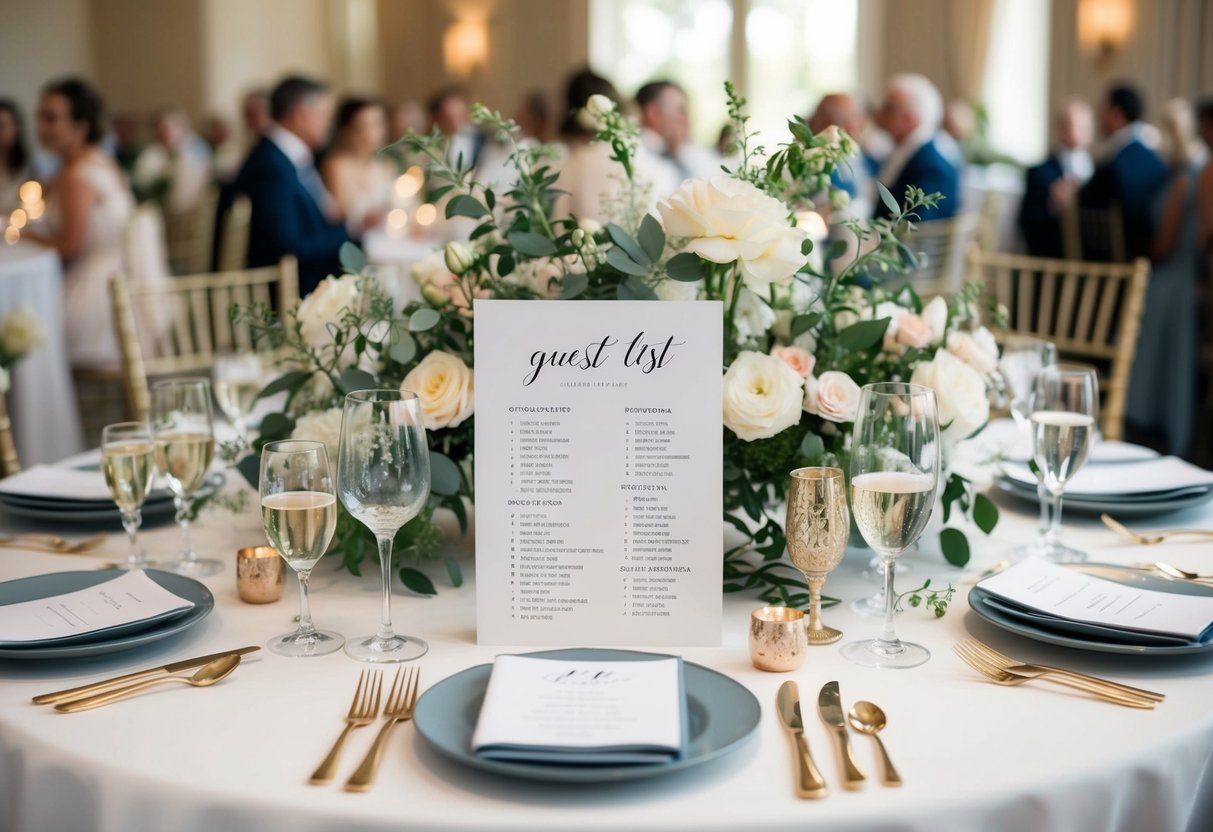 A small wedding with a table displaying a carefully curated guest list, surrounded by elegant place settings and floral arrangements