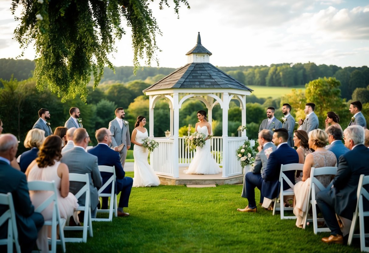 A small outdoor wedding with a scenic backdrop, intimate seating, and elegant decor. Guests are gathered around a charming gazebo, enjoying the romantic atmosphere