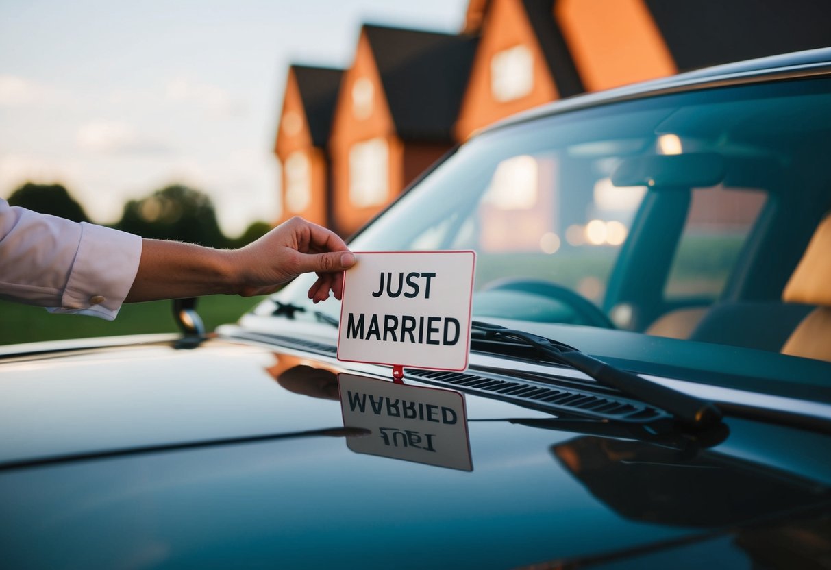 A couple places a small "Just Married" sign on their car