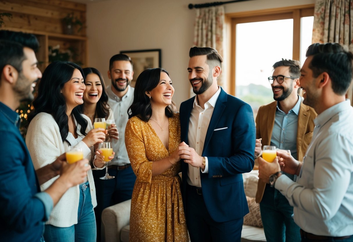 A couple standing in a cozy, intimate setting with a handful of close friends and family, sharing laughter and joy