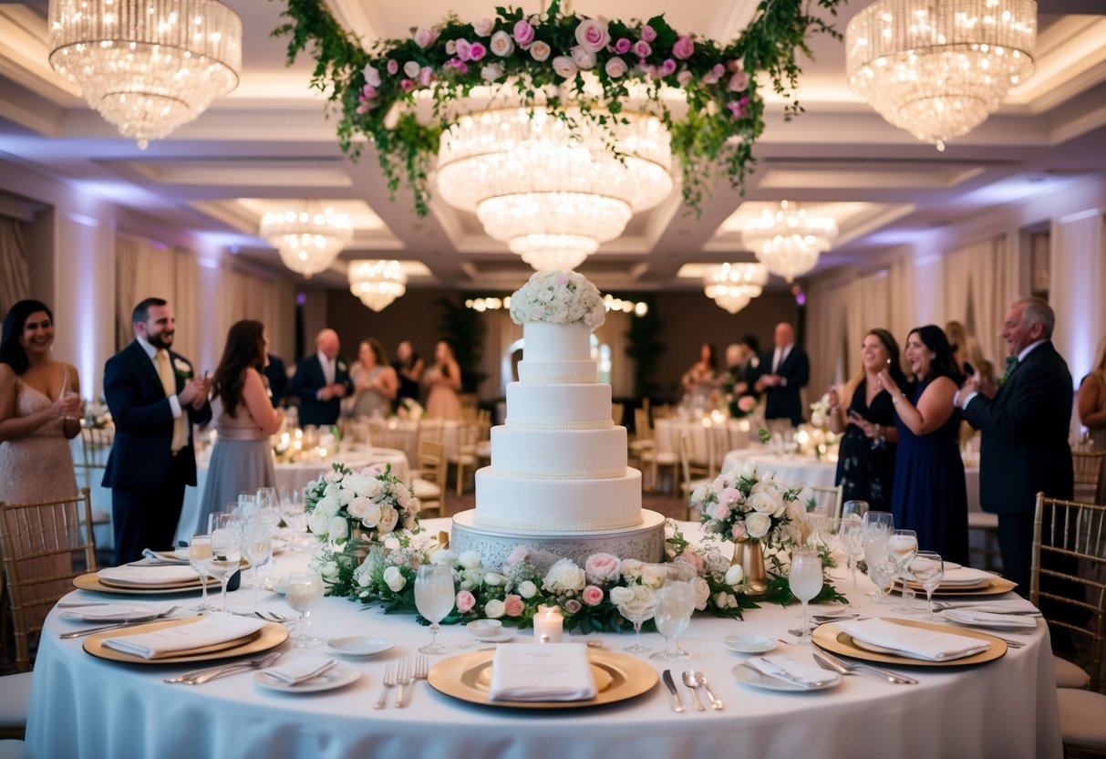 A lavish wedding venue with floral decorations, elegant table settings, and a grand wedding cake, surrounded by happy guests