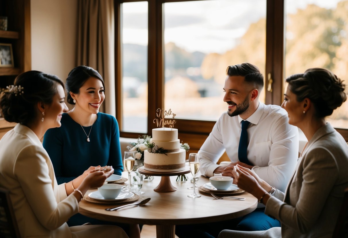 A couple sits at a cozy table with a small wedding cake and a few close friends, happily discussing their intimate wedding plans