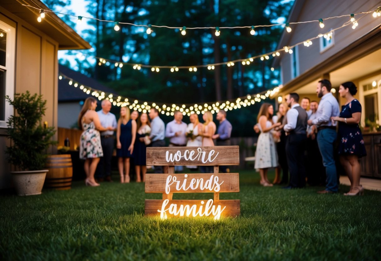 A cozy backyard with a rustic wooden sign and delicate string lights, surrounded by a small gathering of close friends and family