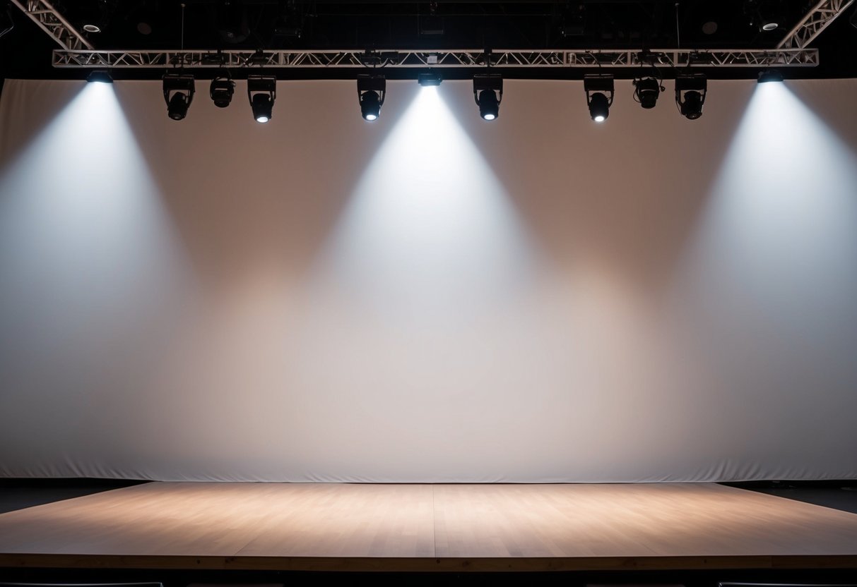 A large empty stage with a single spotlight shining down on a blank backdrop, ready to be filled with fabric